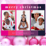 Fun Pink Striped 3 Photo Collage Merry Christmas Foil Holiday Card<br><div class="desc">Send a bright festive flourish to your friends and family with this colourful Christmas card. On a bold striped background in pink and purple shades, the card displays three of your favourite photos. At the top, the greeting 'Merry Christmas' is in lower case typography with a cool retro appearance. Customize...</div>
