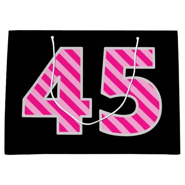 Fun Pink Striped "45"; Happy 45th Birthday; Name Large Gift Bag (Front)