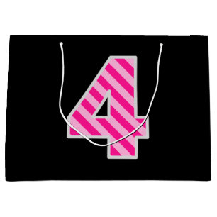 Fun Pink Striped "4"; Happy 4th Birthday; Name Large Gift Bag