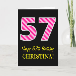 Fun Pink Striped "57"; Happy 57th Birthday; Name Card