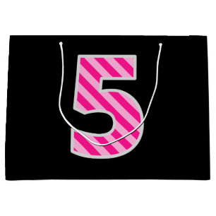 Fun Pink Striped "5"; Happy 5th Birthday; Name Large Gift Bag