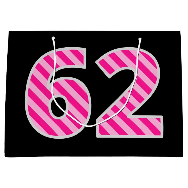 Fun Pink Striped "62"; Happy 62nd Birthday; Name Large Gift Bag (Front)