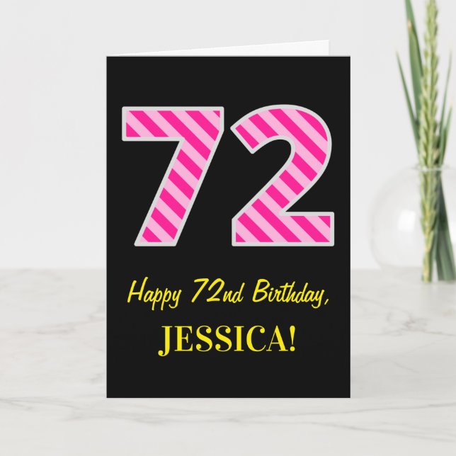 Fun Pink Striped "72"; Happy 72nd Birthday; Name Card (Front)