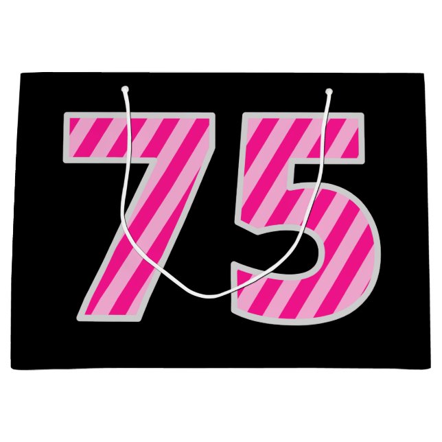 Fun Pink Striped "75"; Happy 75th Birthday; Name Large Gift Bag (Front)