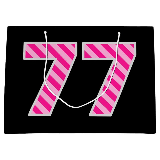 Fun Pink Striped "77"; Happy 77th Birthday; Name Large Gift Bag (Front)