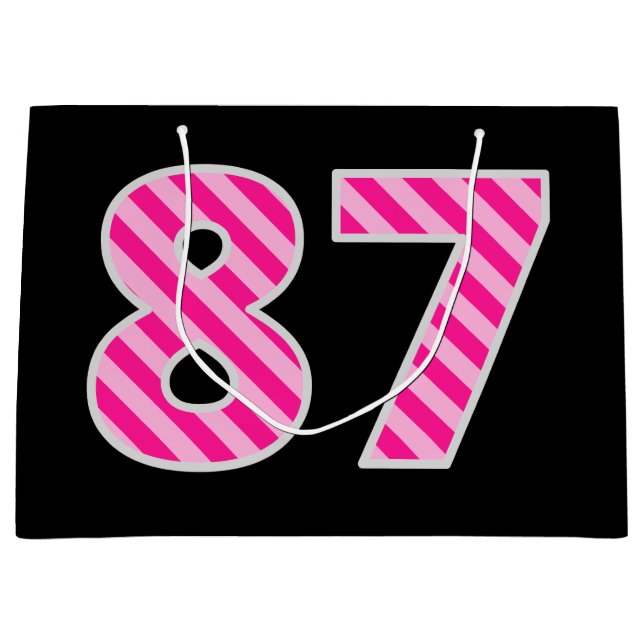 Fun Pink Striped "87"; Happy 87th Birthday; Name Large Gift Bag (Front)