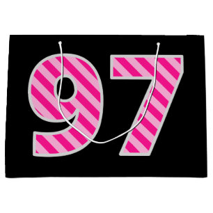 Fun Pink Striped "97"; Happy 97th Birthday; Name Large Gift Bag