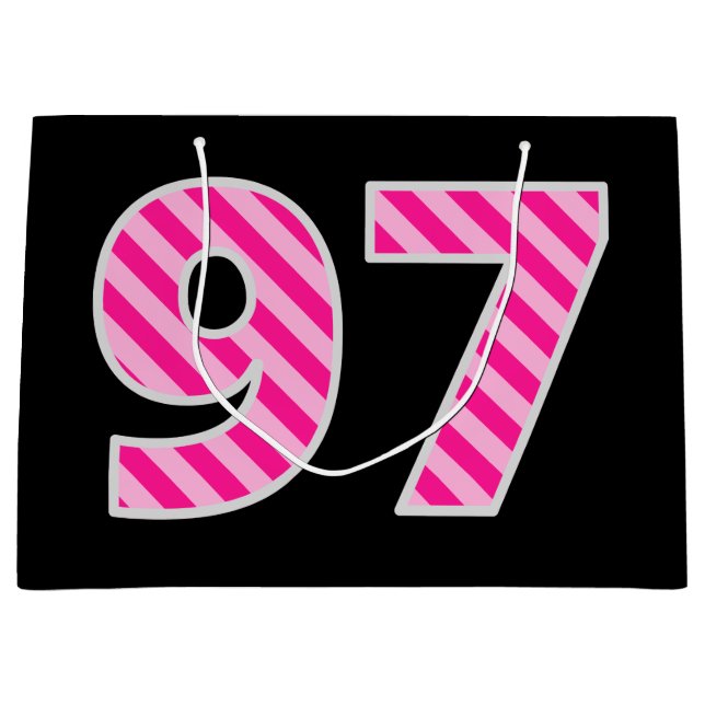 Fun Pink Striped "97"; Happy 97th Birthday; Name Large Gift Bag (Front)