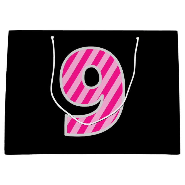 Fun Pink Striped "9"; Happy 9th Birthday; Name Large Gift Bag (Front)