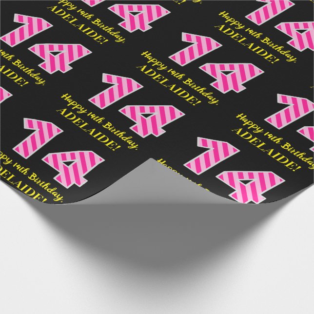 Fun Pink Stripes "14"; Happy 14th Birthday; Name Wrapping Paper (Corner)