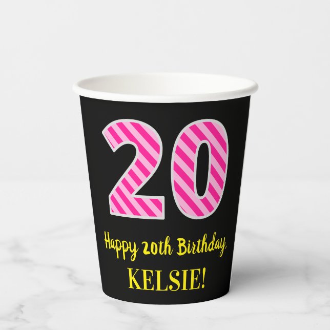 Fun Pink Stripes “20”: Happy 20th Birthday + Name Paper Cups (Back)