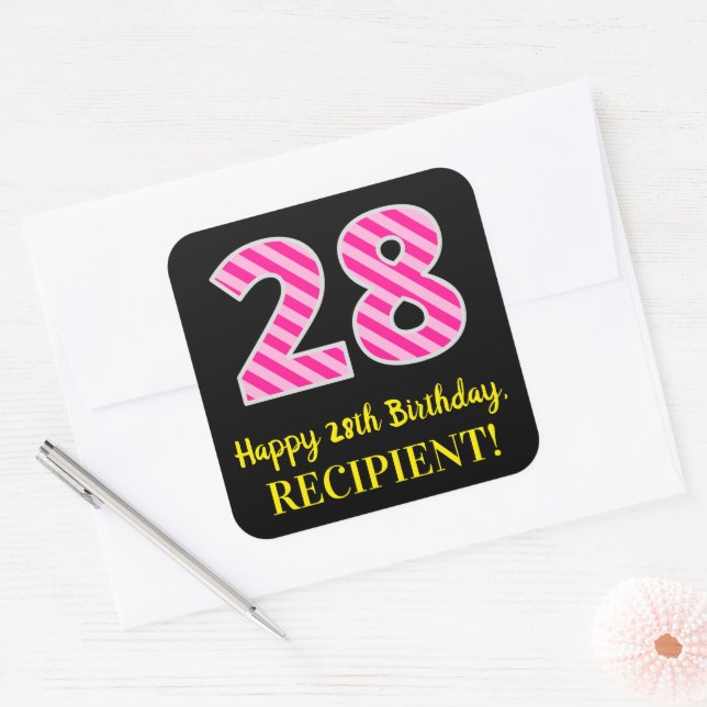 Fun Pink Stripes “28”: Happy 28th Birthday + Name Square Sticker (Envelope)