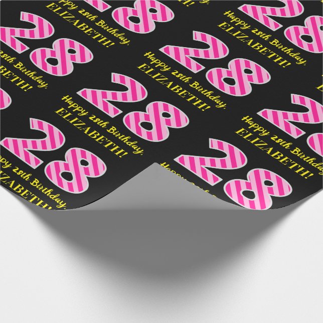 Fun Pink Stripes "28"; Happy 28th Birthday; Name Wrapping Paper (Corner)