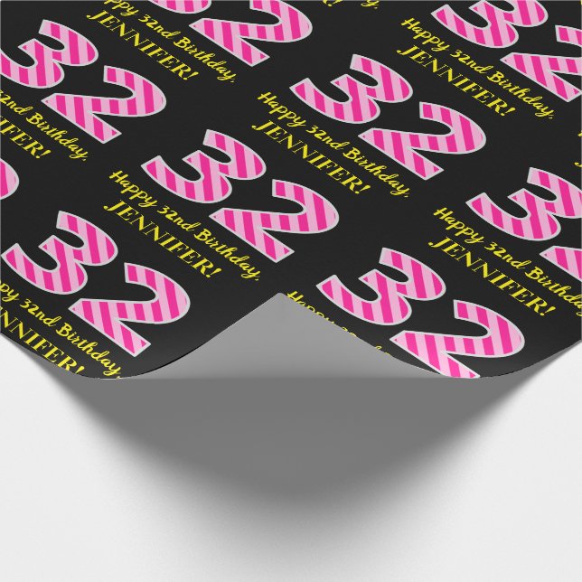 Fun Pink Stripes "32"; Happy 32nd Birthday; Name Wrapping Paper (Corner)