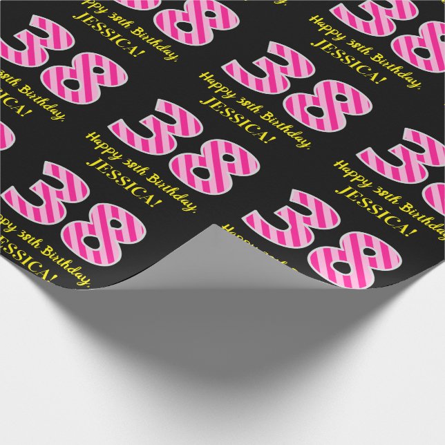 Fun Pink Stripes "38"; Happy 38th Birthday; Name Wrapping Paper (Corner)
