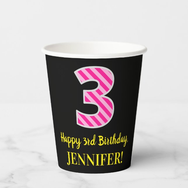 Fun Pink Stripes “3”: Happy 3rd Birthday + Name Paper Cups (Back)