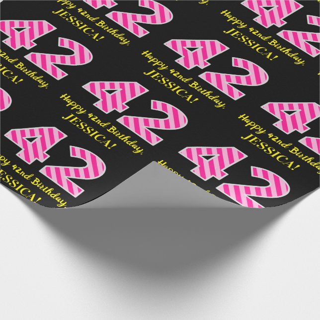 Fun Pink Stripes "42"; Happy 42nd Birthday; Name Wrapping Paper (Corner)