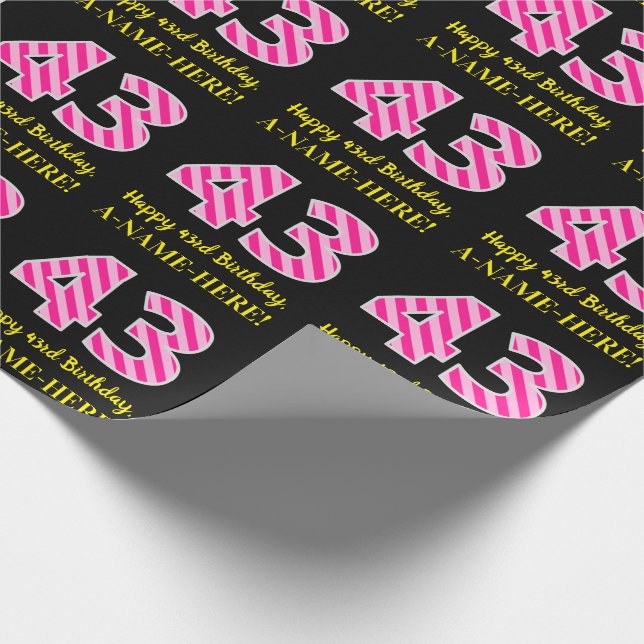 Fun Pink Stripes "43"; Happy 43rd Birthday; Name Wrapping Paper (Corner)