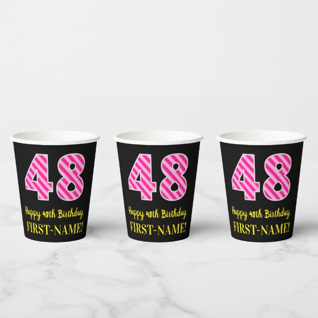 Fun Pink Stripes “48”: Happy 48th Birthday + Name Paper Cups (Multi)