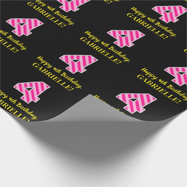 Fun Pink Stripes "4"; Happy 4th Birthday; Name Wrapping Paper (Corner)