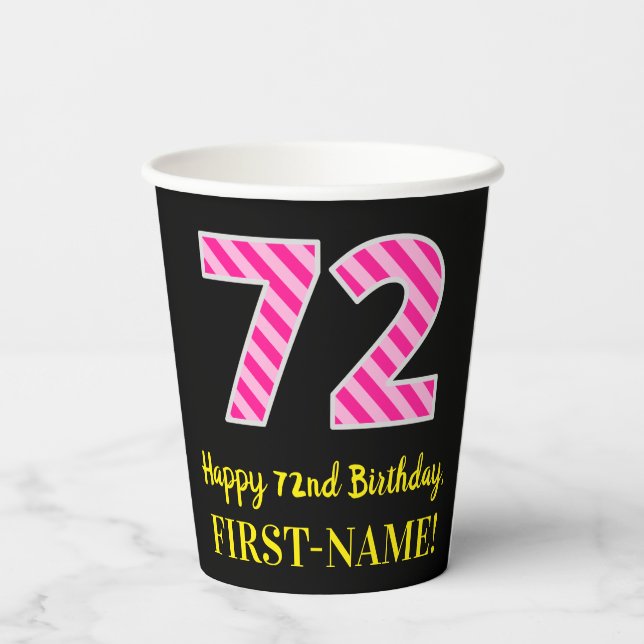 Fun Pink Stripes “72”: Happy 72nd Birthday + Name Paper Cups (Back)