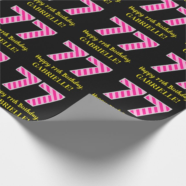 Fun Pink Stripes "77"; Happy 77th Birthday; Name Wrapping Paper (Corner)