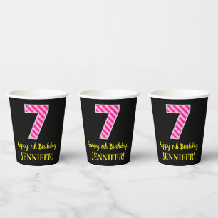 Fun Pink Stripes “7”: Happy 7th Birthday + Name Paper Cups