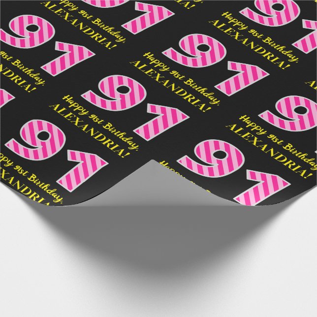 Fun Pink Stripes "91"; Happy 91st Birthday; Name Wrapping Paper (Corner)