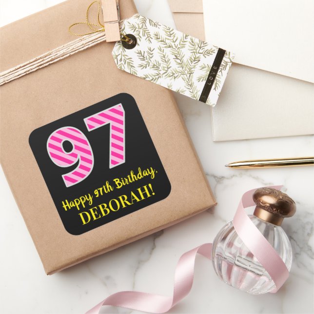 Fun Pink Stripes “97”: Happy 97th Birthday + Name Square Sticker (Gifting)