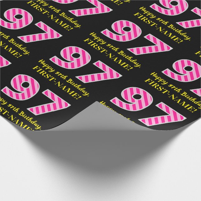 Fun Pink Stripes "97"; Happy 97th Birthday; Name Wrapping Paper (Corner)