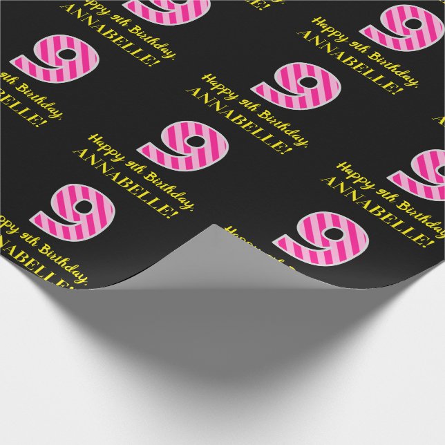 Fun Pink Stripes "9"; Happy 9th Birthday; Name Wrapping Paper (Corner)