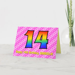 Fun Pink Stripes, Hearts, Rainbow # 14th Birthday Card