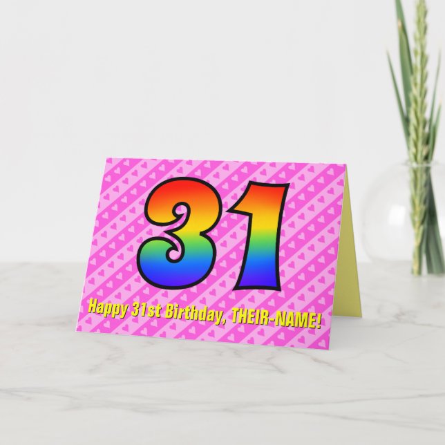 Fun Pink Stripes, Hearts, Rainbow # 31st Birthday Card (Front)
