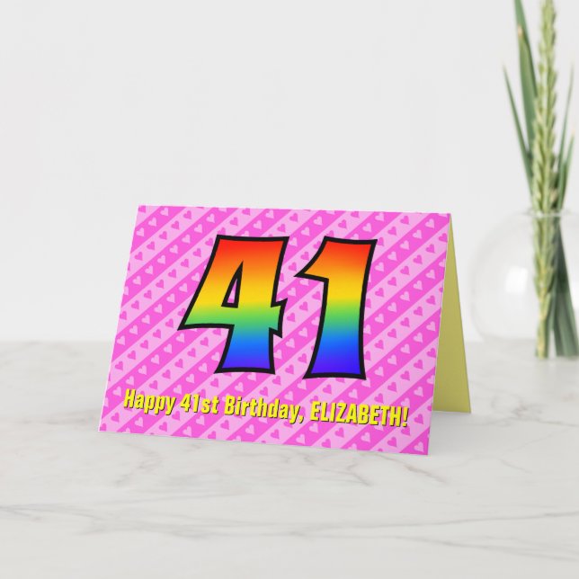 Fun Pink Stripes, Hearts, Rainbow # 41st Birthday Card (Front)