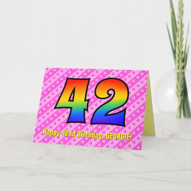 Fun Pink Stripes, Hearts, Rainbow # 42nd Birthday Card (Front)