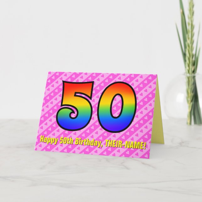 Fun Pink Stripes, Hearts, Rainbow # 50th Birthday Card (Front)