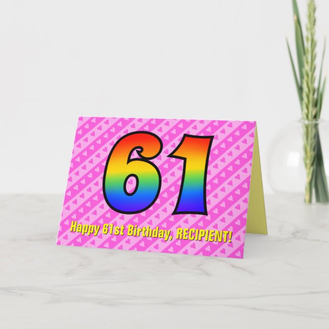 Fun Pink Stripes, Hearts, Rainbow # 61st Birthday Card (Front)