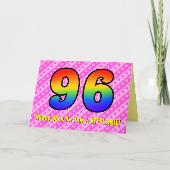 Fun Pink Stripes, Hearts, Rainbow # 96th Birthday Card (Front)