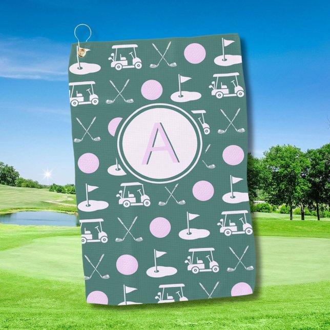 Fun Pink Stylish Golf Design and Custom Monogram  Golf Towel (Creator Uploaded)