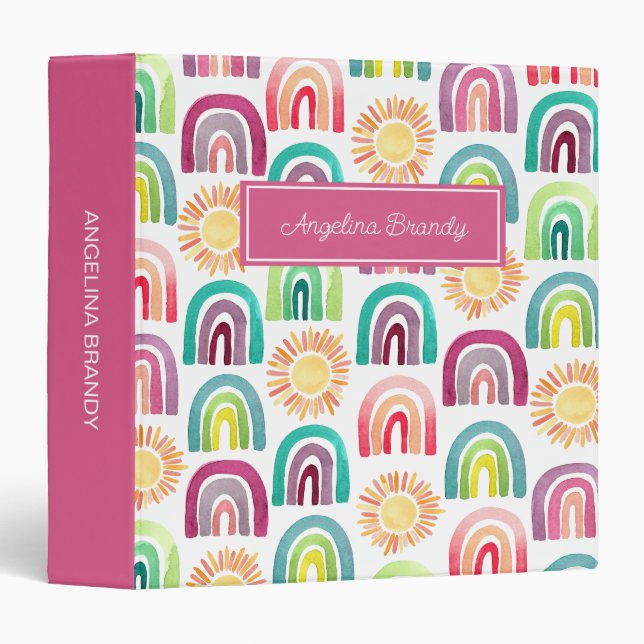 Fun Pink Suns & Rainbows Back to School Kids Binder (Front/Spine)