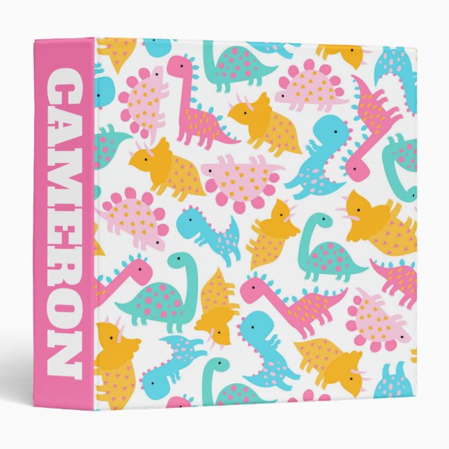 Fun Pink & Teal Dinosaur Pattern Binder (Front/Spine)