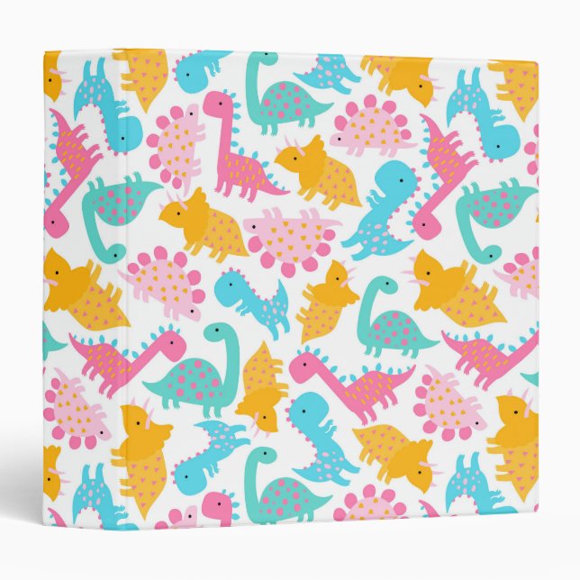 Fun Pink & Teal Dinosaur Pattern Binder (Front/Spine)