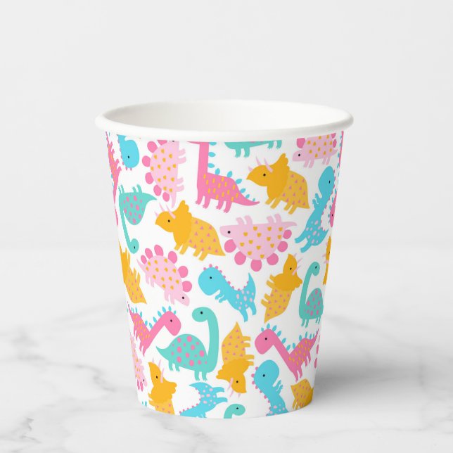 Fun Pink & Teal Dinosaur Pattern Paper Cups (Front)