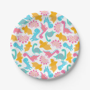 Fun Pink & Teal Dinosaur Pattern Paper Plate