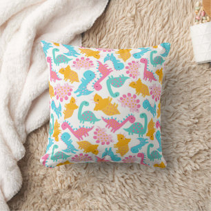 Fun Pink & Teal Dinosaur Pattern Throw Pillow