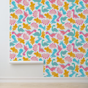 Fun Pink & Teal Dinosaur Pattern Wallpaper