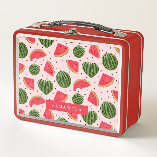 Fun Pink Watermelon Summer Fruit Pattern Metal Lunch Box (Front)