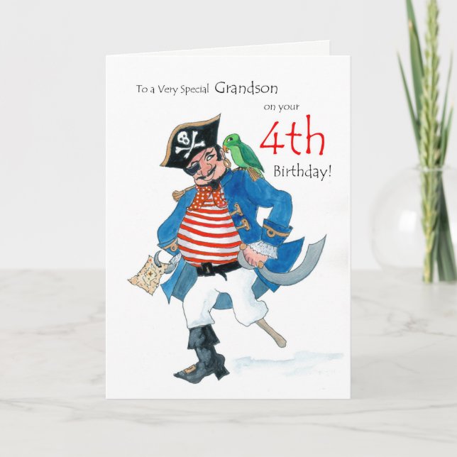 Fun Pirate 4th Birthday Card for Grandson (Front)