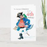 Fun Pirate 4th Birthday Card for Grandson<br><div class="desc">A 4th Birthday Card for a very special Grandson,  with a jolly pirate and his parrot,  from a watercolour painting by Judy Adamson. You can edit the inside text if you wish.</div>
