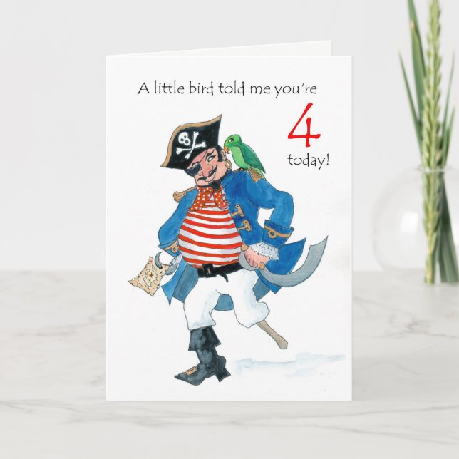 Fun Pirate and Parrot 4th Birthday Card (Front)